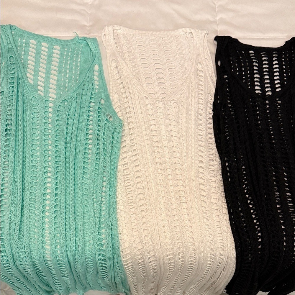 Set of 3 Crochet Knit V-Neck Beach Cover Up Tops Black White Mint XL XXL L